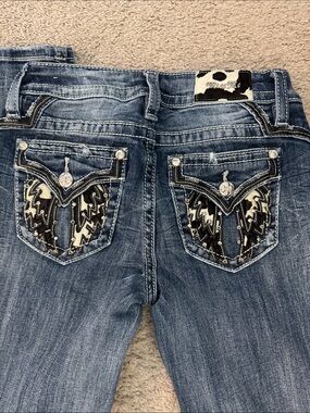 Miss Me Blue Bootcut Jeans with Black & White Embroidered Wing Pockets